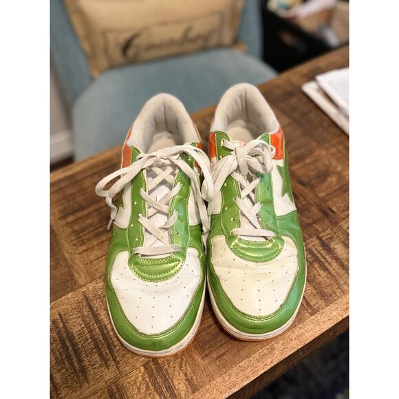 Vintage Y2K BAPE STA Patent Leather Sneakers Green Orange White Men’s Size 13 main image 10
